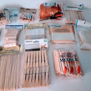 Wood Crafting Pieces:  Sticks, Clothes Pins, Planks, and Copper Mesh 668 Pieces